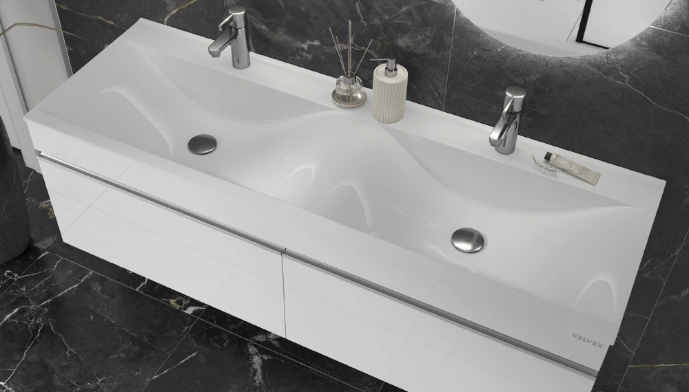 Тумба с двойной раковиной Pulsus 140 подвесная, белый - фото 7 - VELVEX
