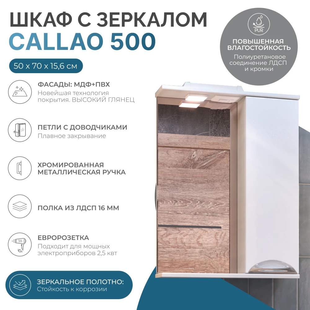 Шкаф навесной с зеркалом Callao 500 (правый) со спотом - фото 6 - VIGO