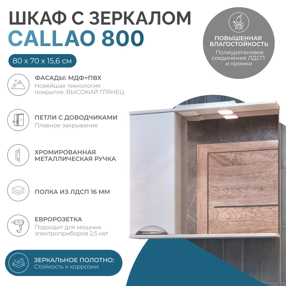 Шкаф навесной с зеркалом Callao 800 (левый) со спотом - фото 6 - VIGO