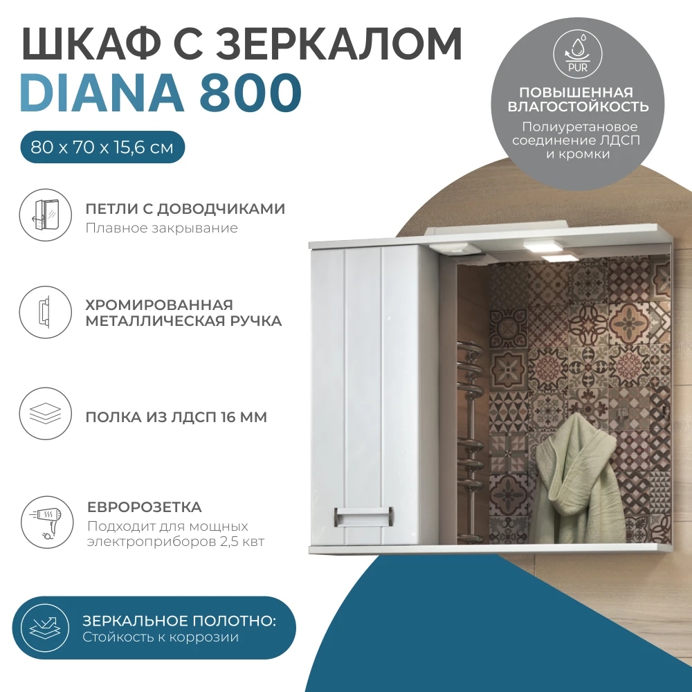 Шкаф навесной с зеркалом Diana 800 (левый) со спотом - фото 7 - VIGO