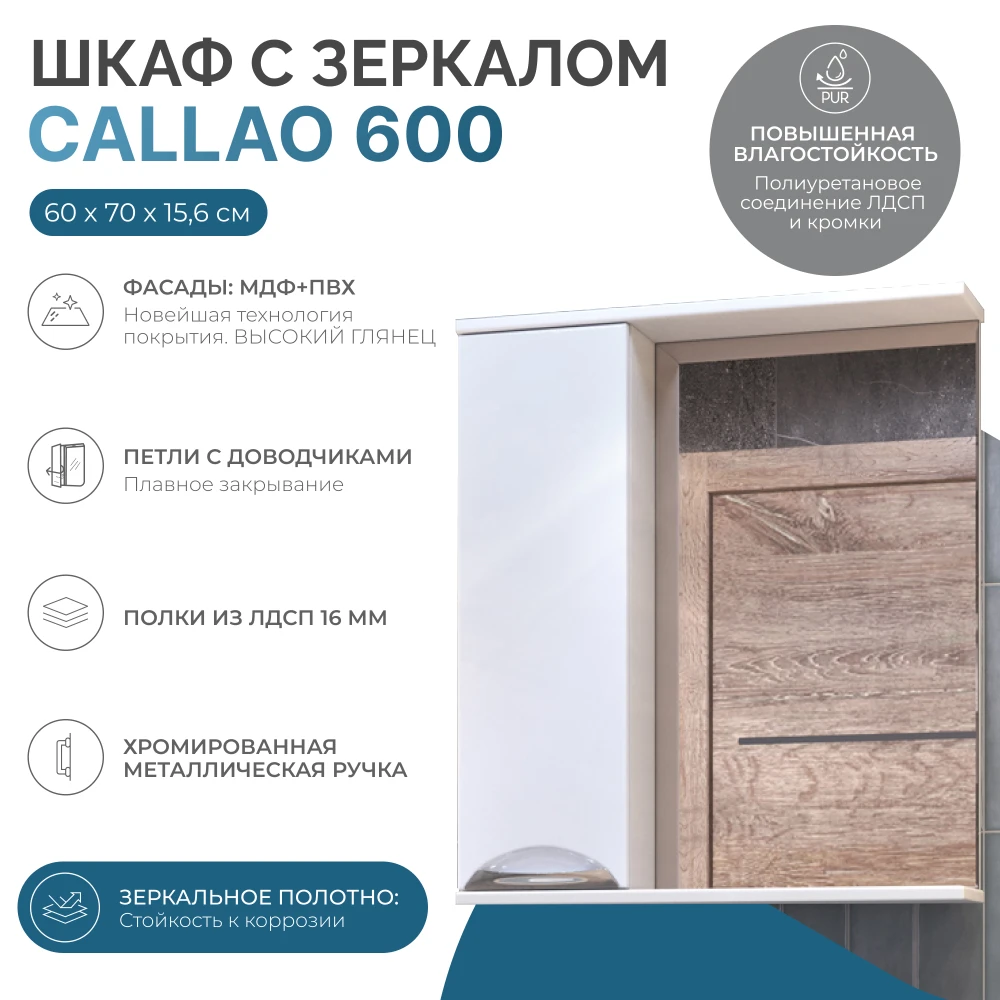 Шкаф навесной с зеркалом Callao 600 (левый) - фото 6 - VIGO