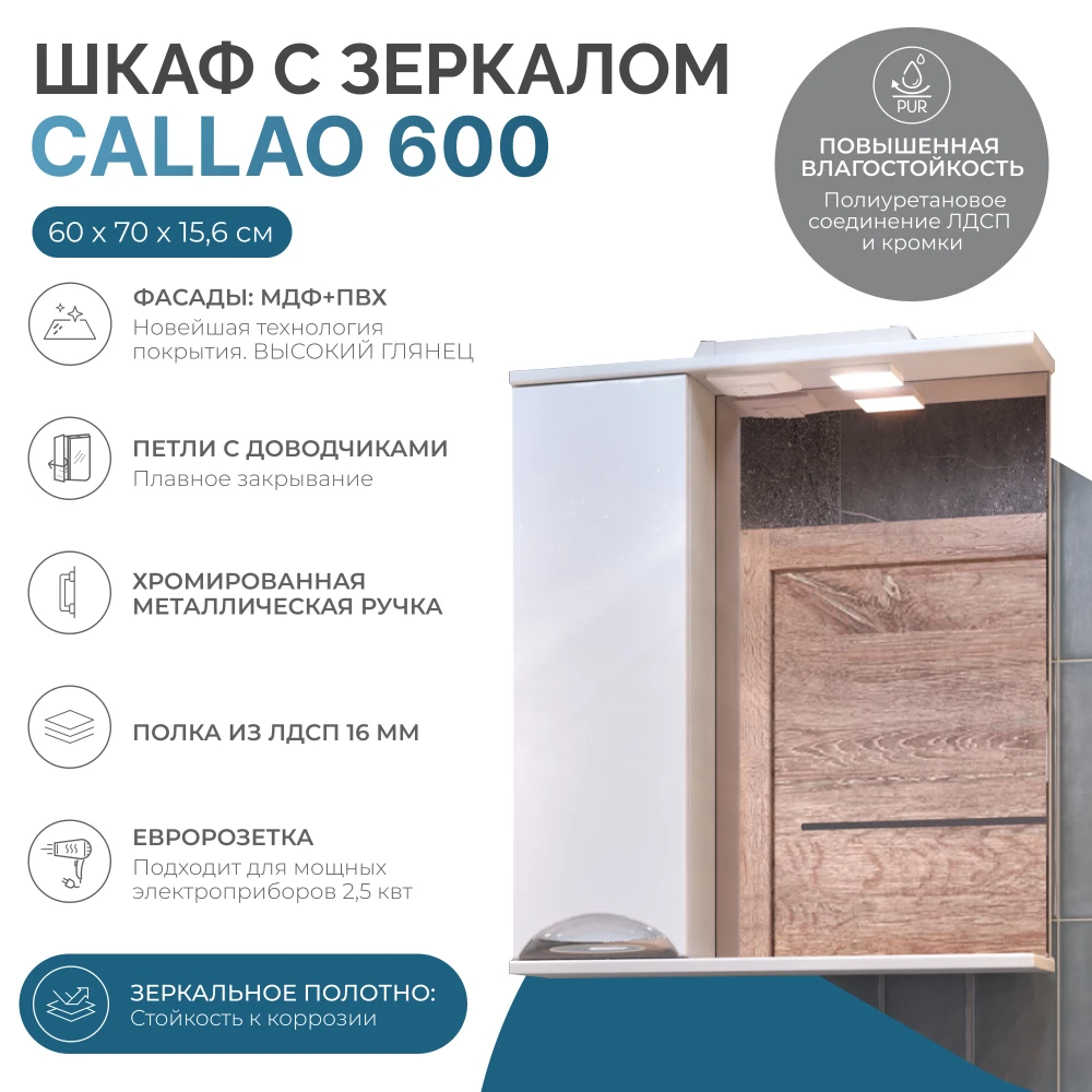 Шкаф навесной с зеркалом Callao 600 (левый) со спотом - фото 6 - VIGO