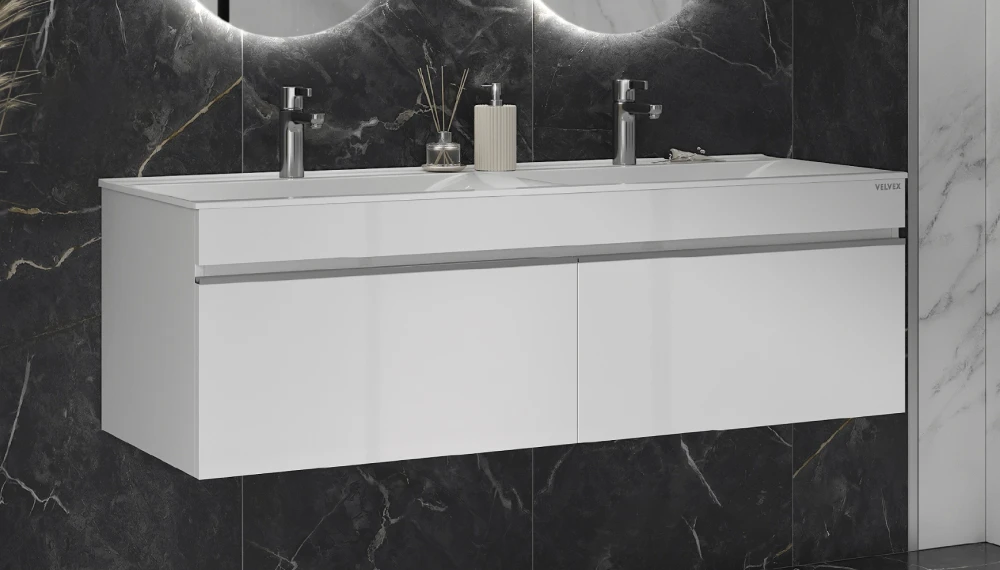 Тумба с двойной раковиной Pulsus 140 подвесная, белый - фото 5 - VELVEX